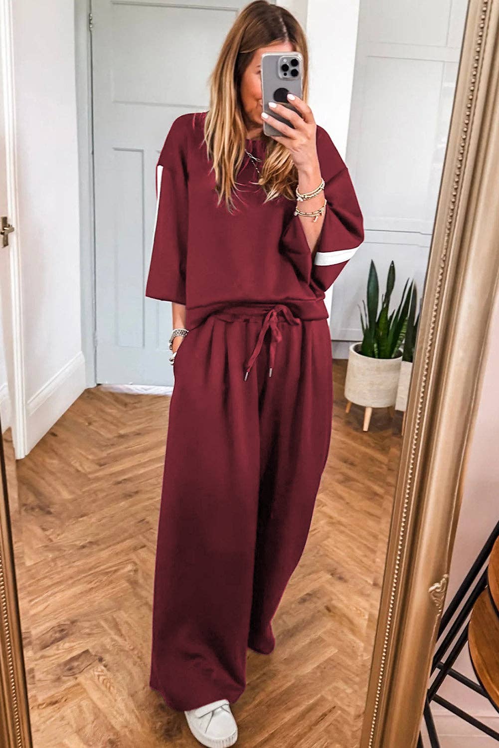 Burgundy Varsity Striped 3/4 Sleeve Pullover Drawstring Sweatpants Set