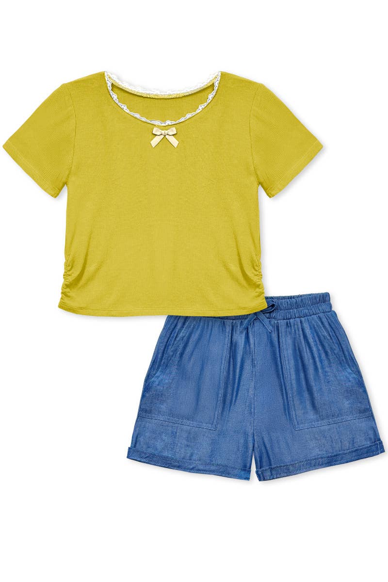 Toddler 2 pc Ribbed Knit/Chambray Short Set