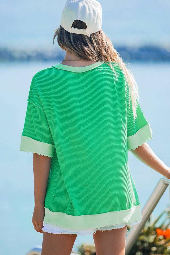 EVELA INC - Patchwork Loose Uneven Hem Twist Ribbed T Shirt