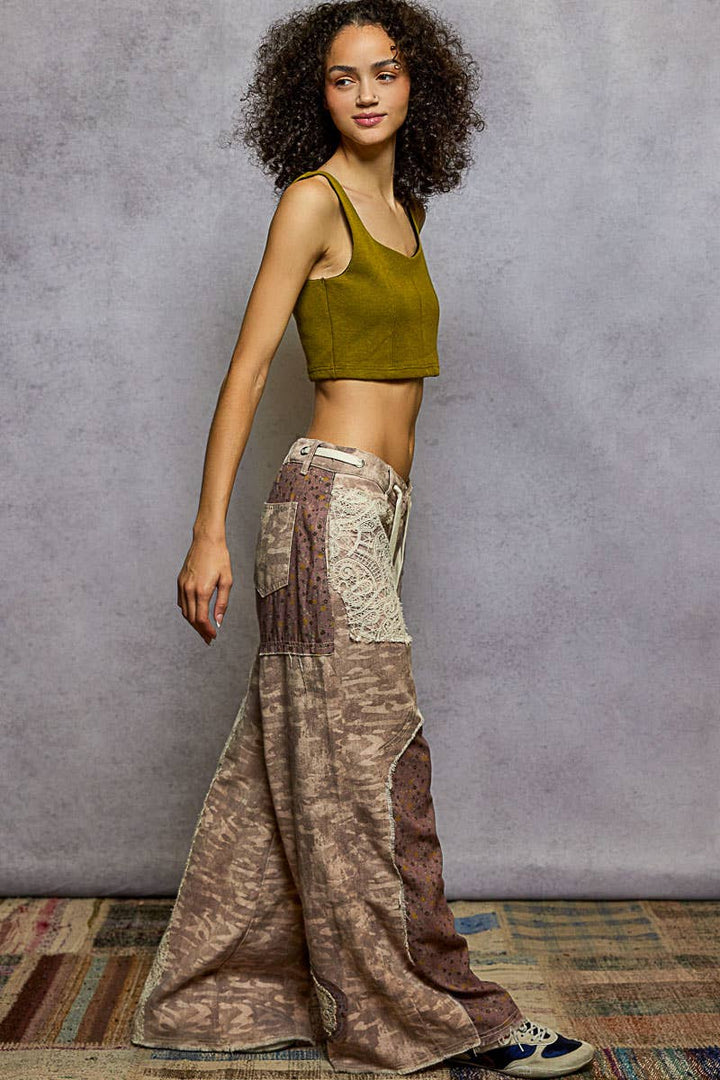Pol Clothing - Drawstring Floral Patch Denim Pants