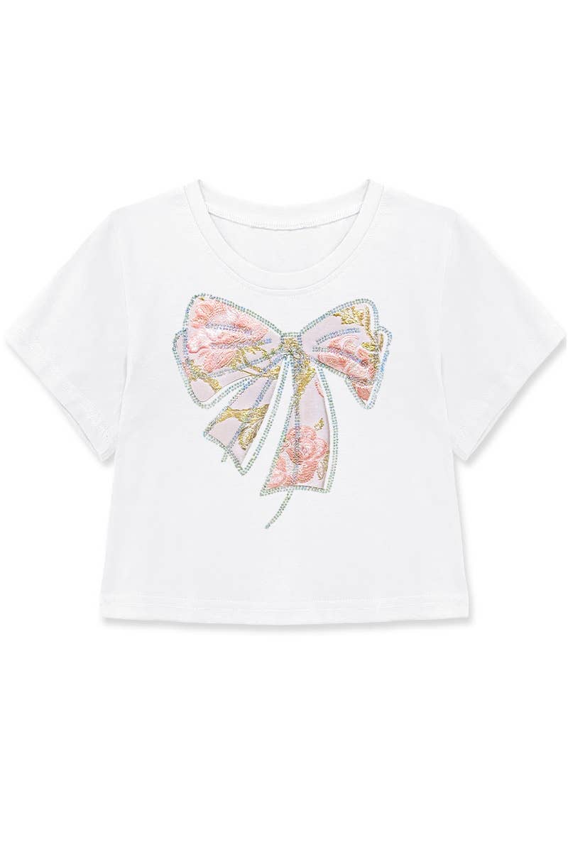Girls Crop Tee w/ Bow Patch &amp; Rhinestone