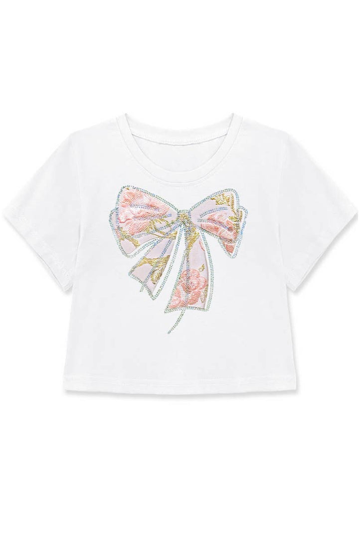 Girls Crop Tee w/ Bow Patch &amp; Rhinestone