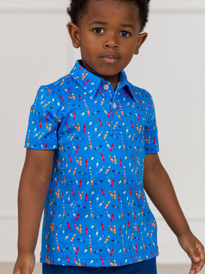 RuffleButts- Boys Tiny Crayons Knit Short Sleeve Performance Polo