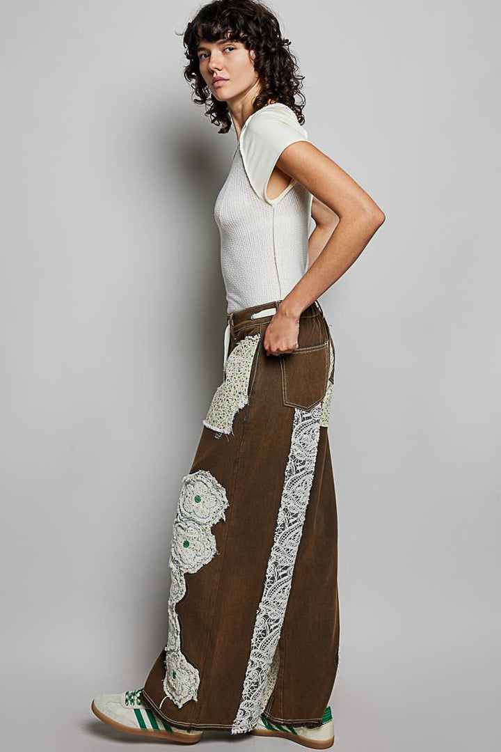 Pol Clothing - Drawstring Floral Patch Denim Pants