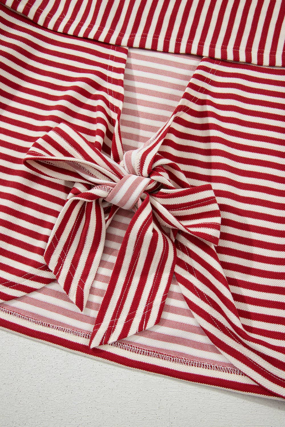 Red Stripe Bow Cutout Back Drop Shoulder Loose Tee