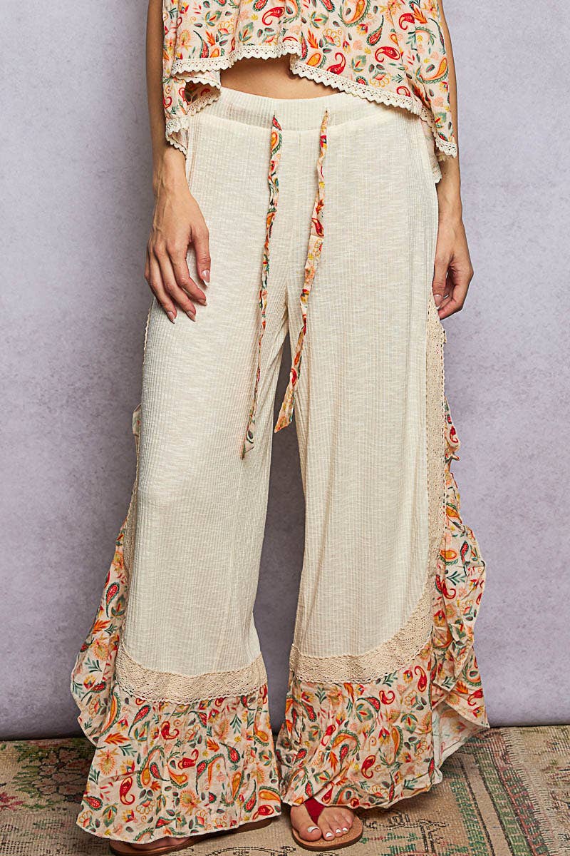 Pol Clothing - Floral Pattern Ruffle Detail Ribbed Knit Pants