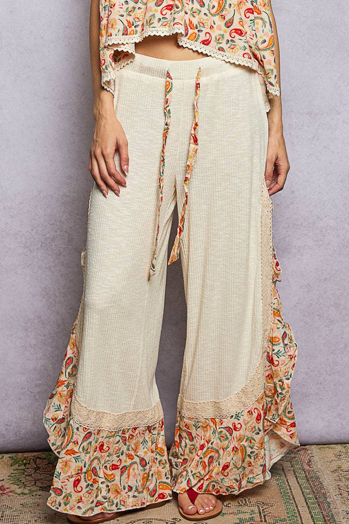Pol Clothing - Floral Pattern Ruffle Detail Ribbed Knit Pants