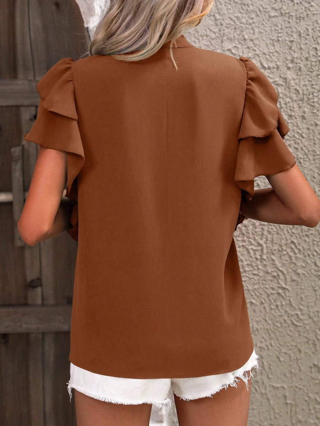 V-Neck Double-Layer Lotus Leaf Sleeve Solid Color Casual Top