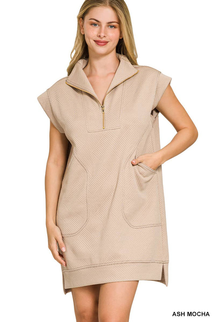 Textured Knit Jacquard Quarter Zipper Mini Dress