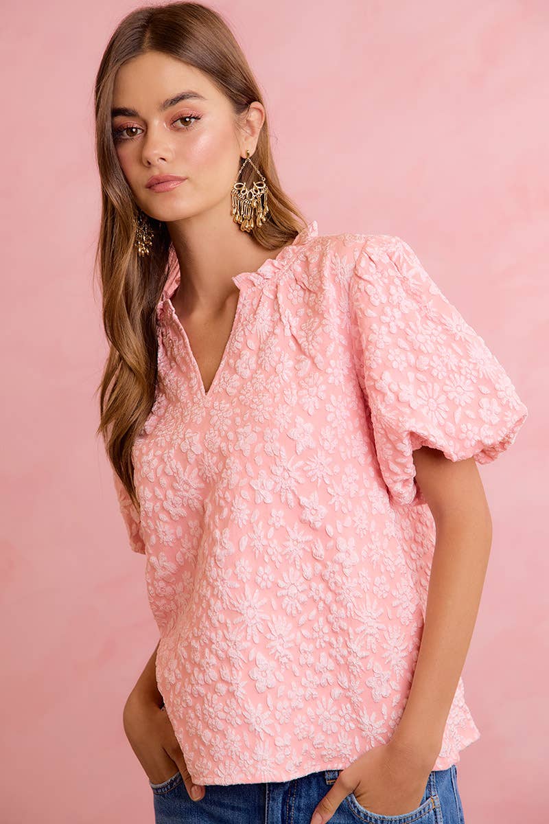 BiBi - FLORAL PATTERN TEXTURE SLEEVES RUFFLED V-NECK TOP