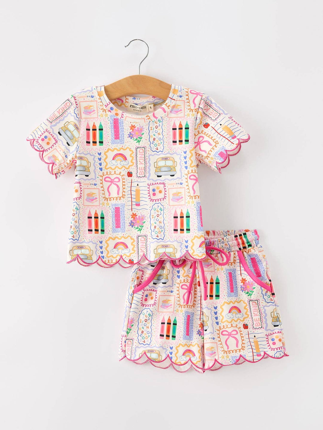 Back to School Print Girl Short Set Scallop Hem