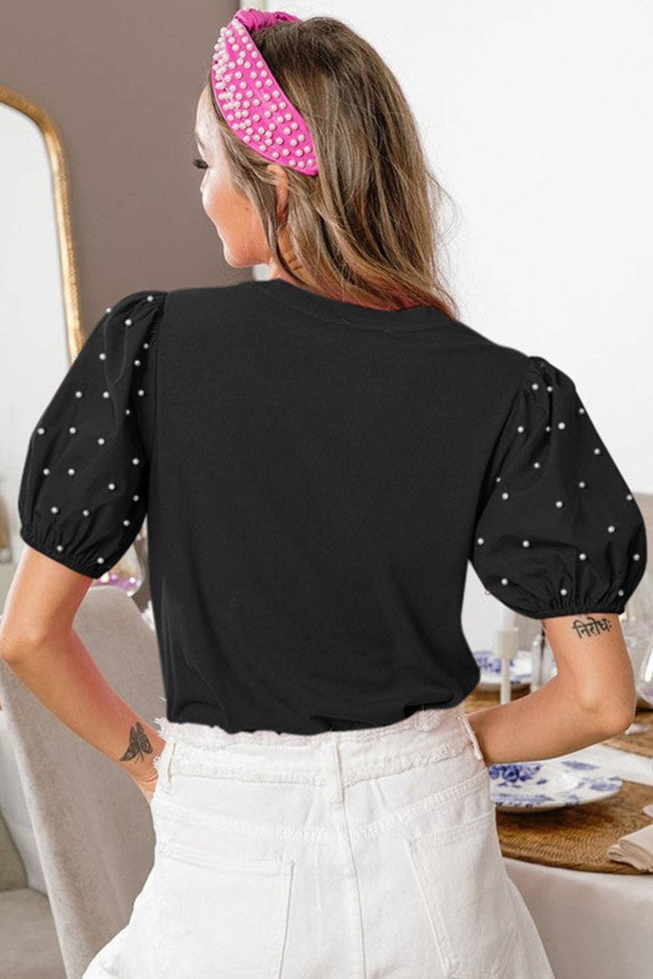 Ribbed Pearl Beaded Puff Sleeve Top