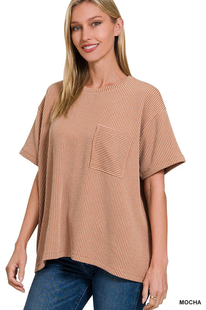 42POPS - Corded Rib Short Sleeve Front Pocket Top