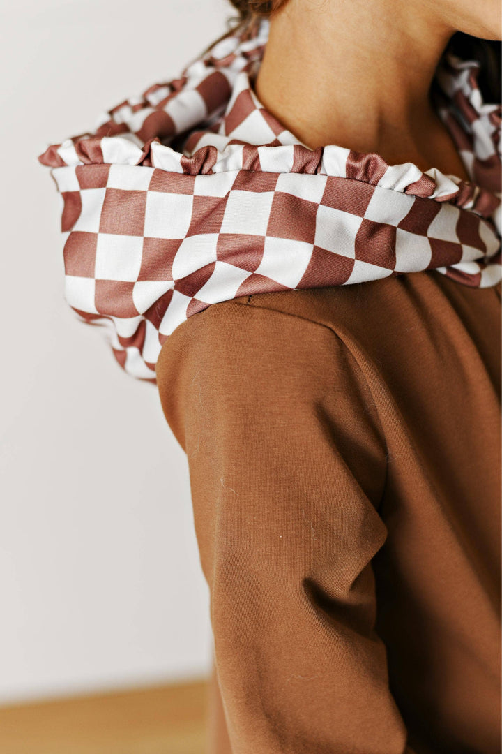 Kids Chocolate Checkered Hooded Ruffle Pocket Lounge Set