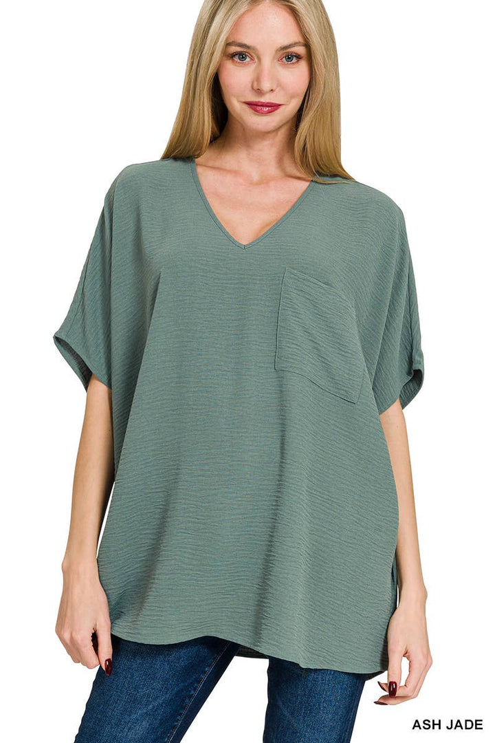 42POPS - SI-24049 Airflow V Neck Short Sleeve Top with pocket