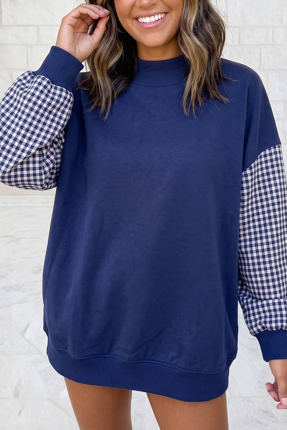 1 the Woman - Plaid Sleeve Colorblock Loose Tunic Sweatshirt S–4X