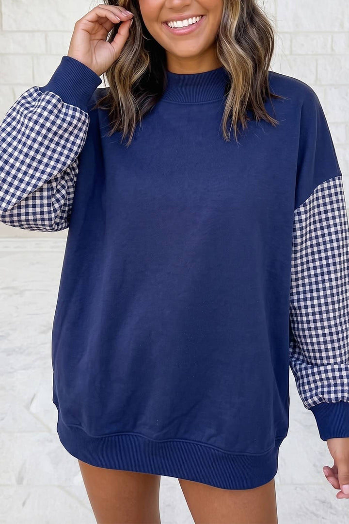 1 the Woman - Plaid Sleeve Colorblock Loose Tunic Sweatshirt S–4X