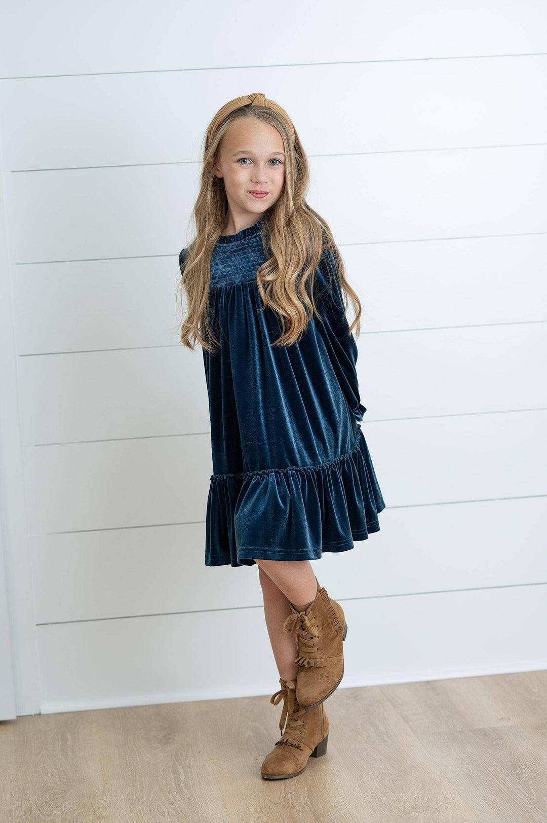 Girls Alexa Teal Smocked Velvet Fancy Holiday Party Dress