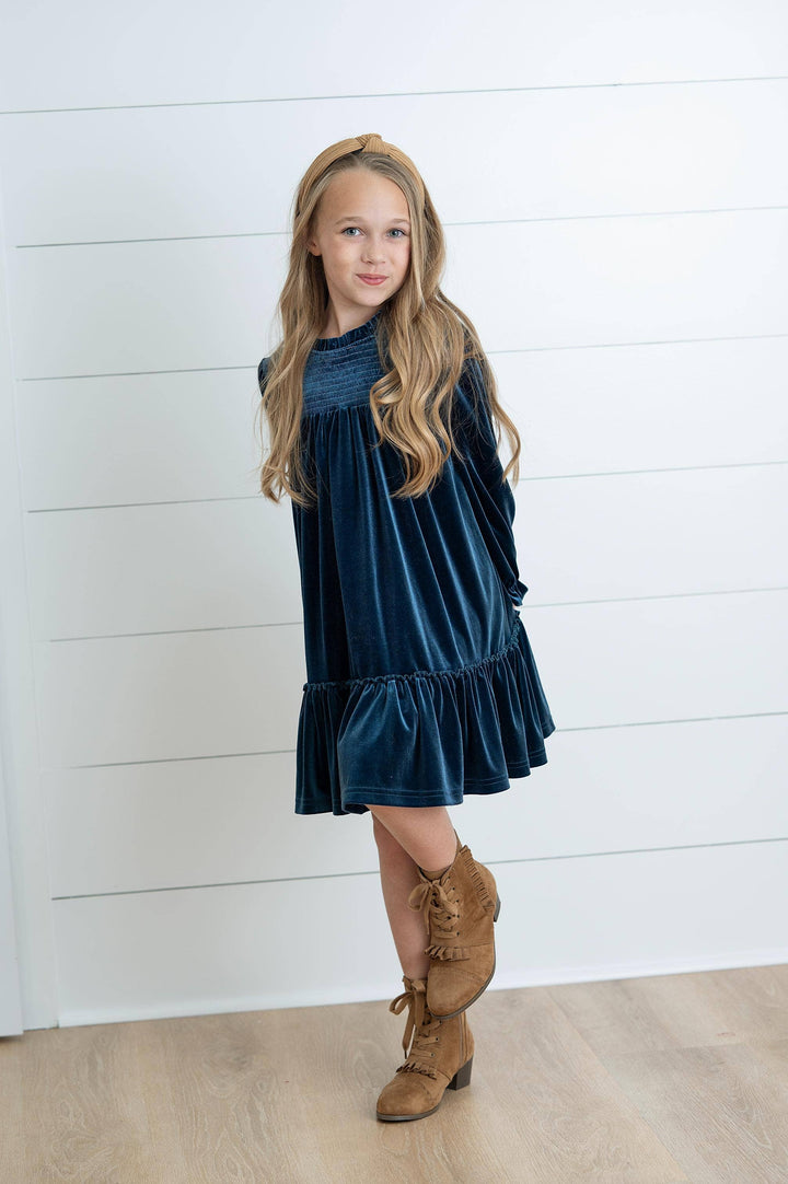 Girls Alexa Teal Smocked Velvet Fancy Holiday Party Dress