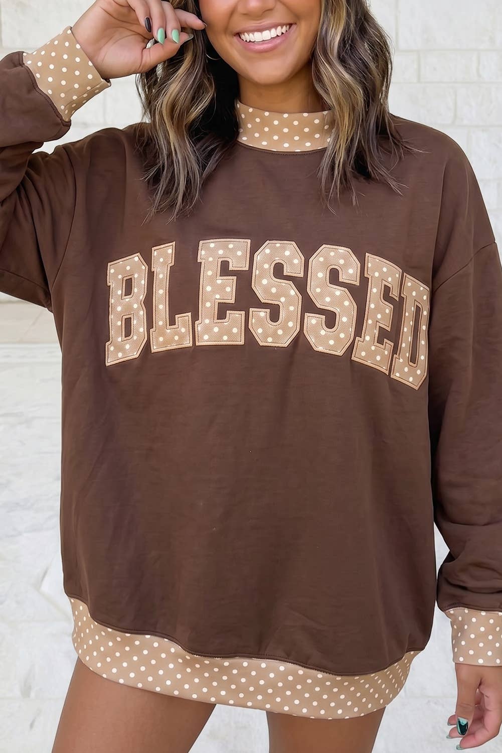 1 the Woman - FAITH Letter Patch Embroidery Mock Neck Sweatshirt S–4X