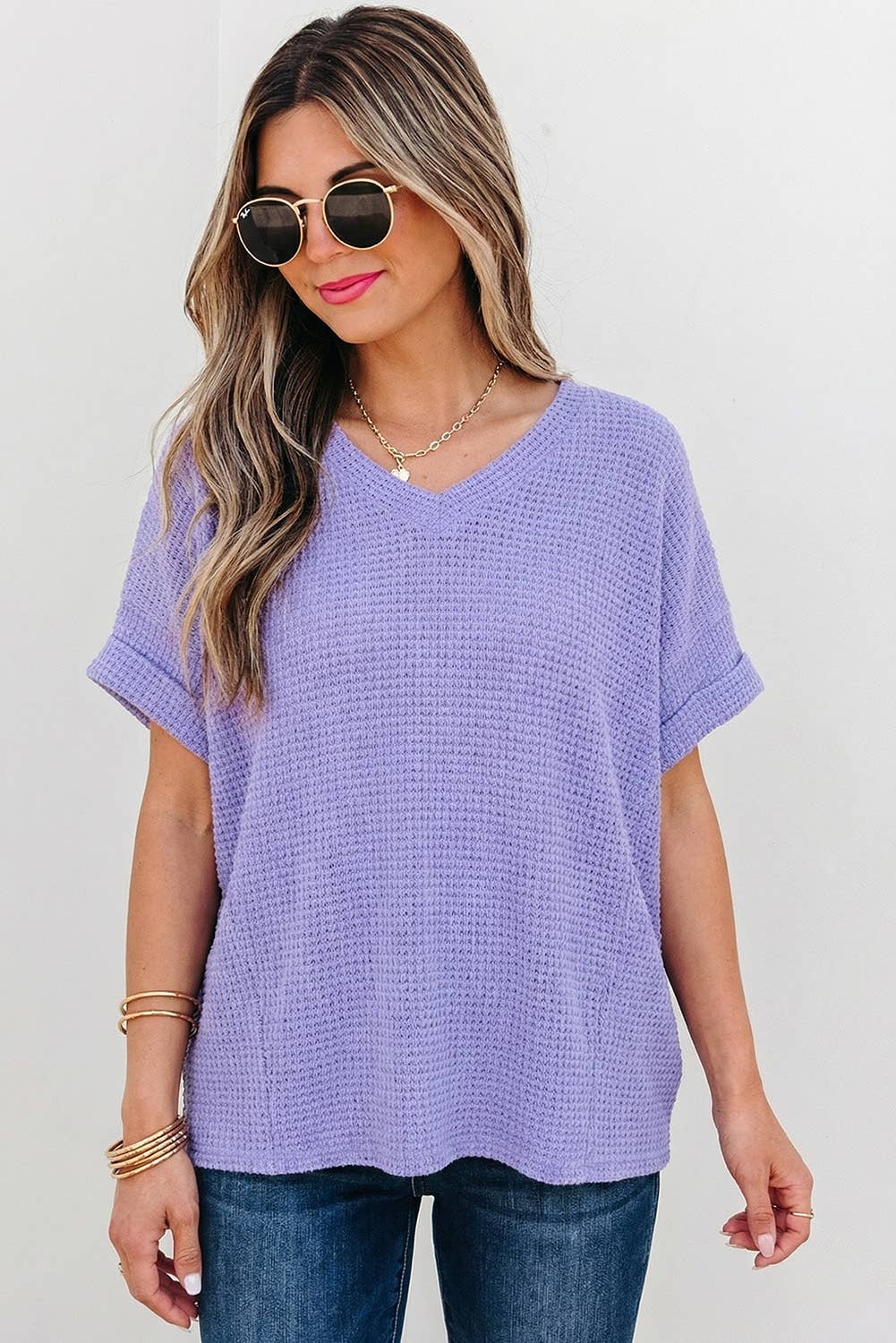 Aapparella - Waffle Texture V Neck Short Sleeve Knit Top | S-XL