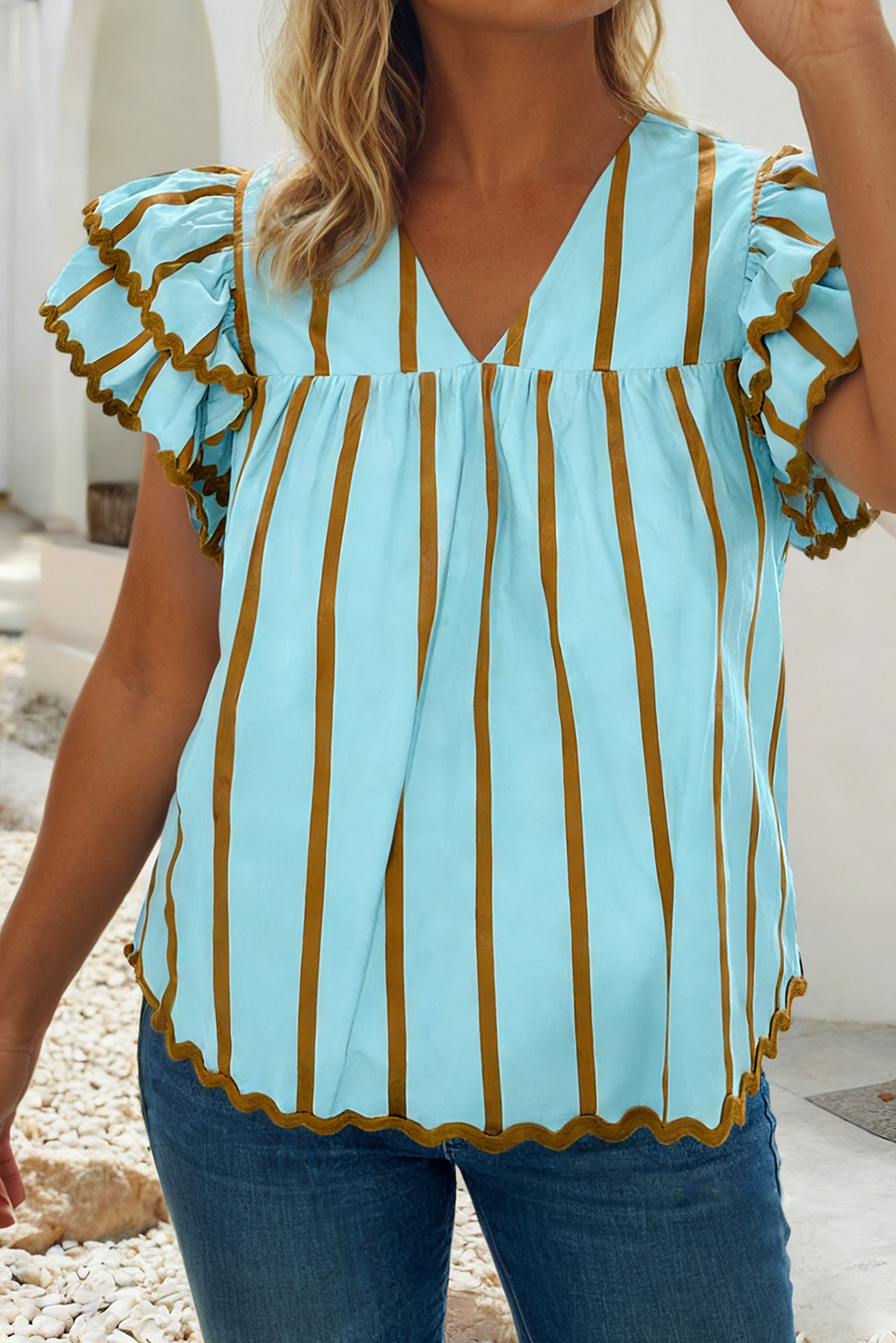 Little Daisy Closet - Ricrac Trim Double Ruffled Short Sleeve V Neck Stripe Blouse