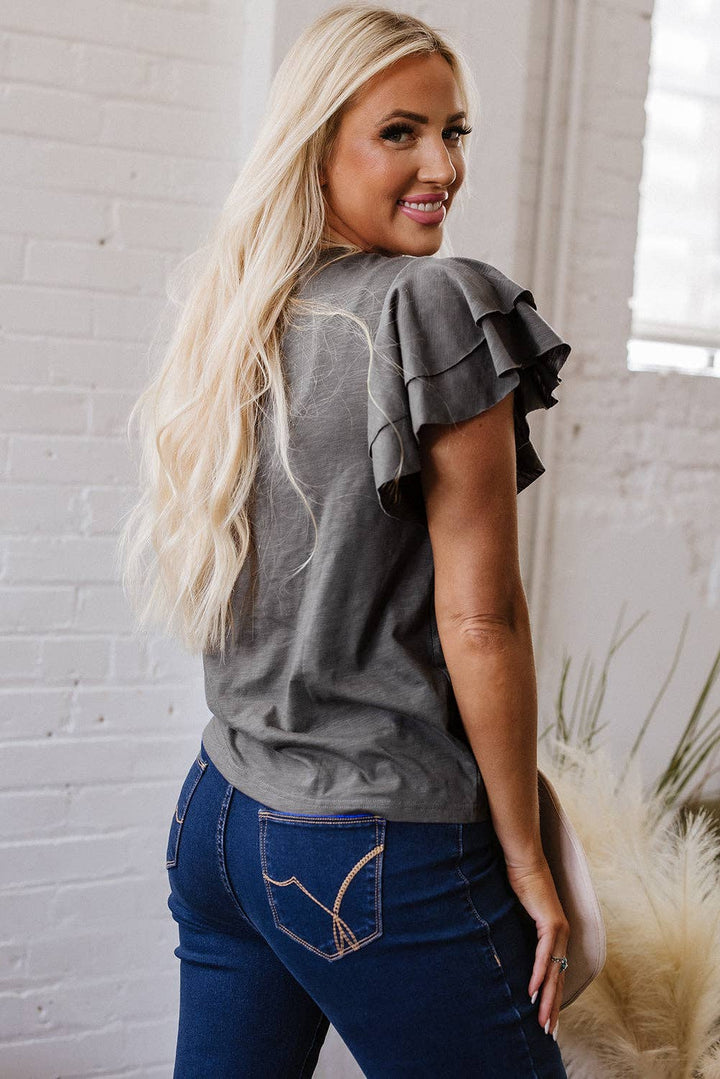 - Dark Grey Ruffle Sleeve Tee Casual Summer Top