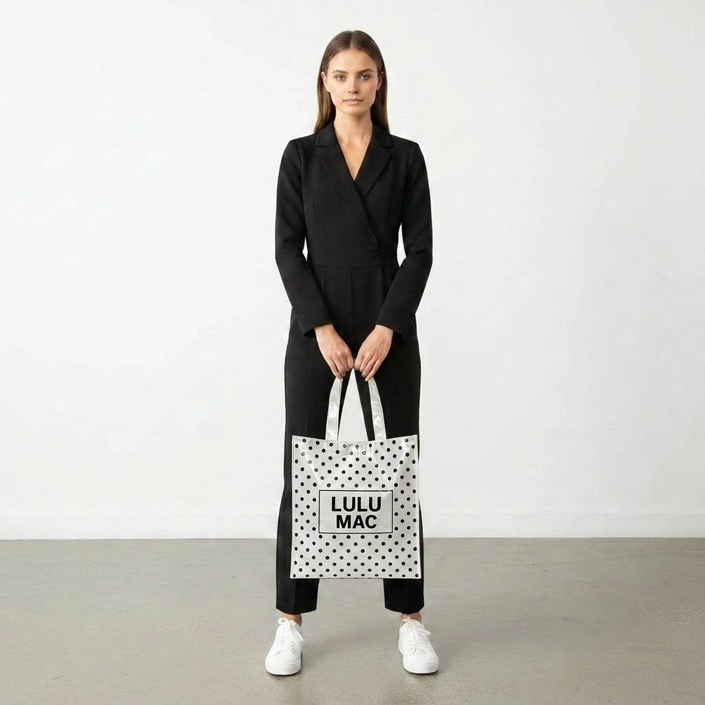 LULU MAC  LM-BG-1004 REUSABLE TOTE-WHITE BLACK DOTS