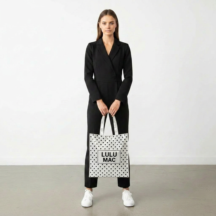 LULU MAC  LM-BG-1004 REUSABLE TOTE-WHITE BLACK DOTS