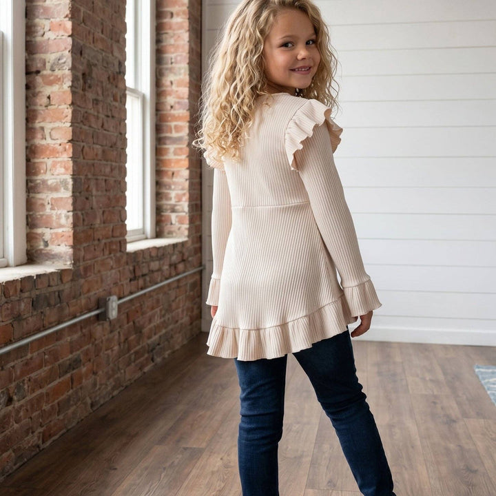 Kids Cream Beige Ribbed Long Sleeve Button Ruffle Shirt