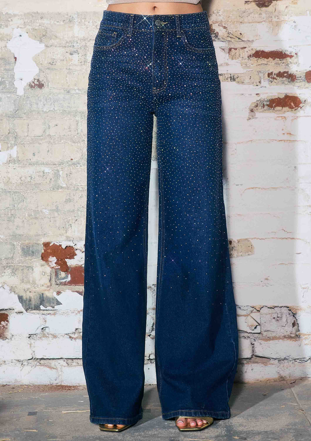 Vibrant M.i.U - Iridescent Rhinestone High-Rise Wide Leg Jeans