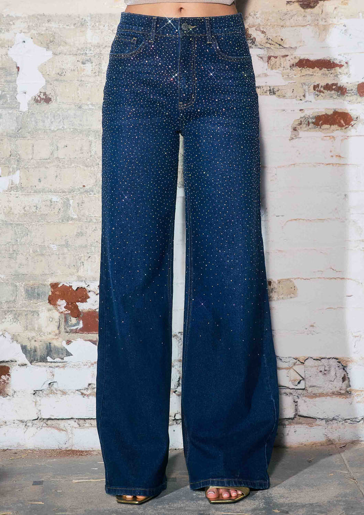 Vibrant M.i.U - Iridescent Rhinestone High-Rise Wide Leg Jeans