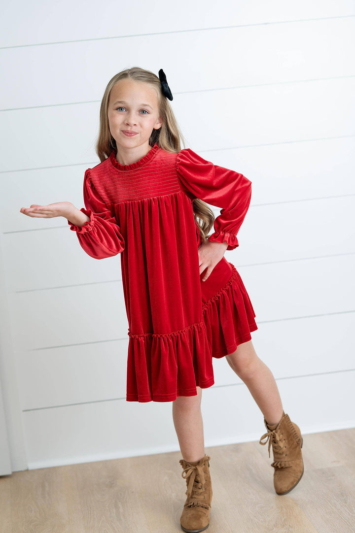 Girls Alexa Red Smocked Velvet Fancy Holiday Party Dress