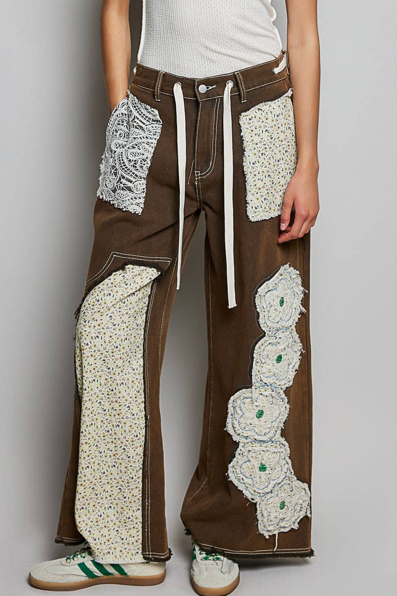 Pol Clothing - Drawstring Floral Patch Denim Pants