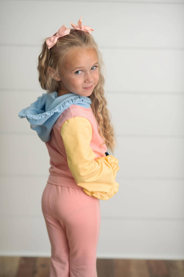 Kids Pastel Color Block Hooded Ruffle Pocket Fall Lounge Set