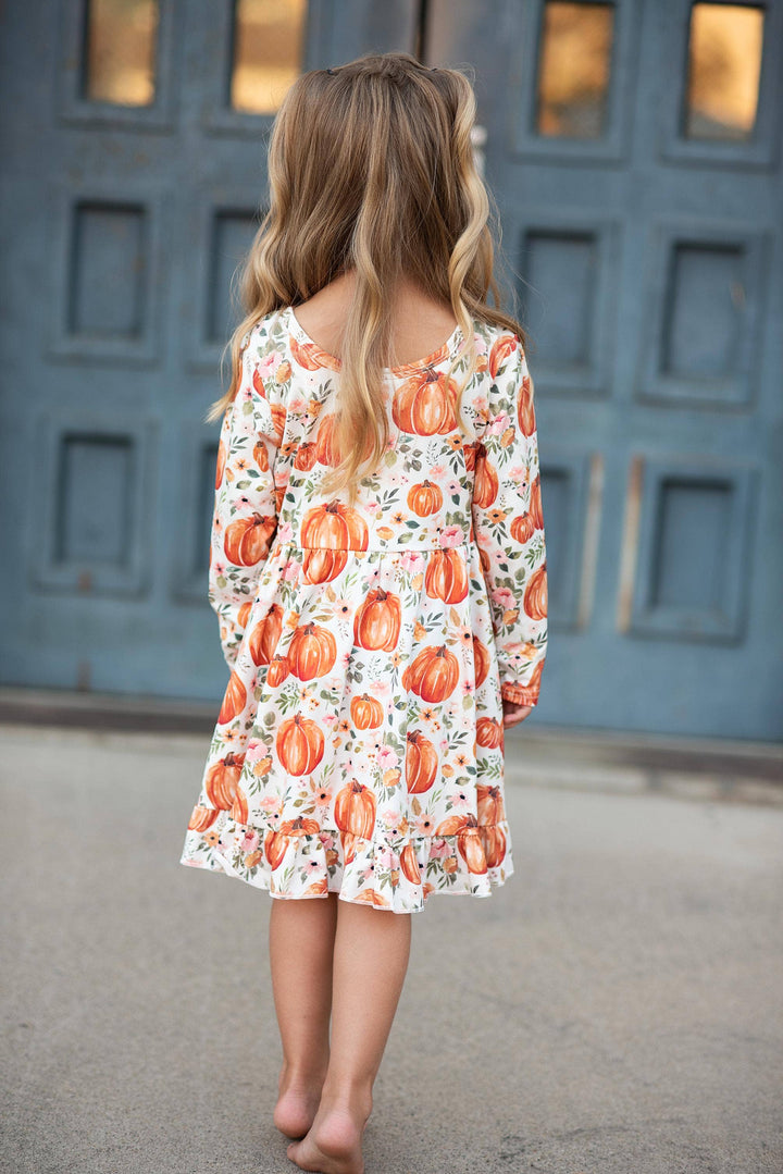 Kids Pumpkin &amp; Floral Print Long Sleeve Fall Twirl Dress