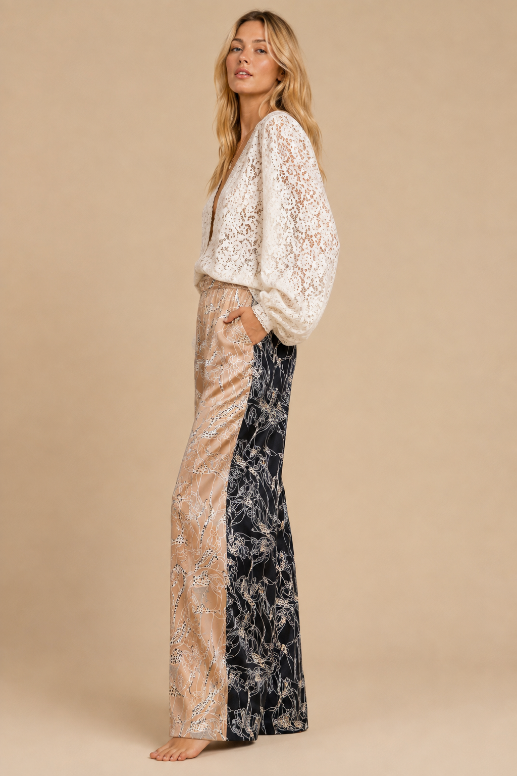 J.NNA - Two-Tone Abstract Floral Wide-Leg Trousers