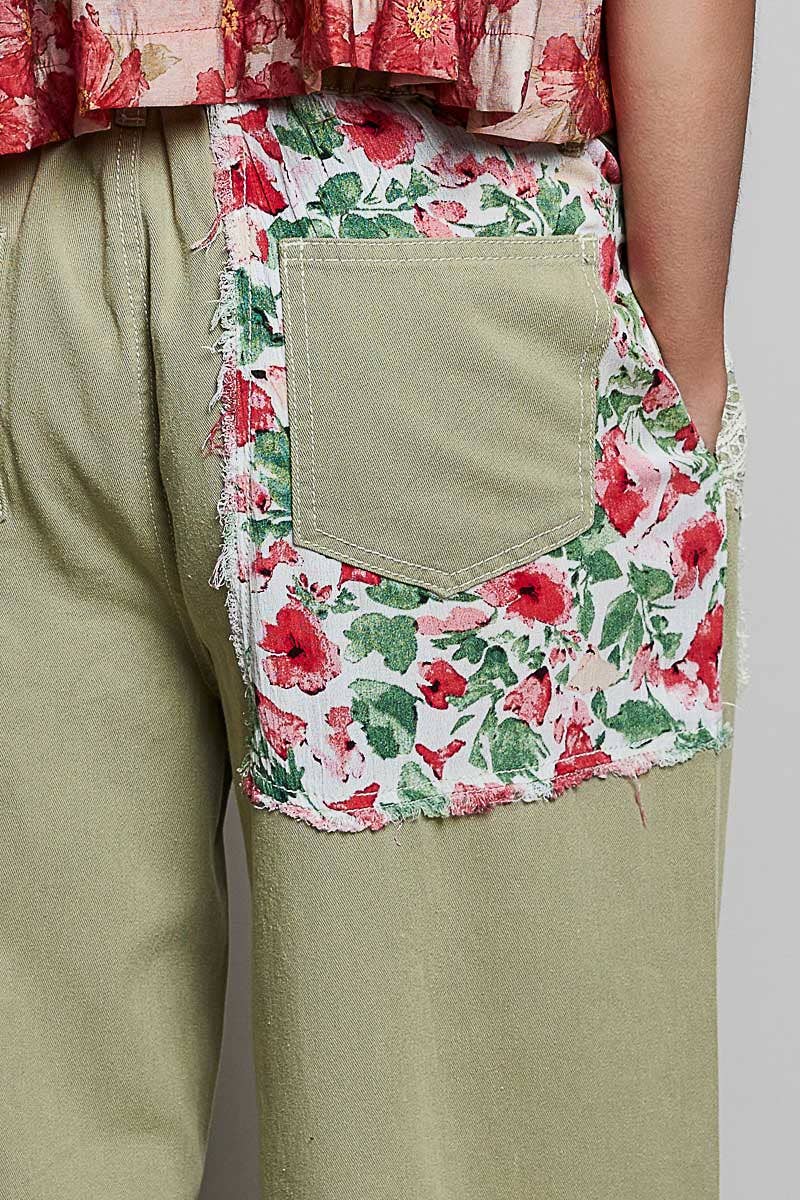 Pol Clothing - Drawstring Floral Patch Denim Pants