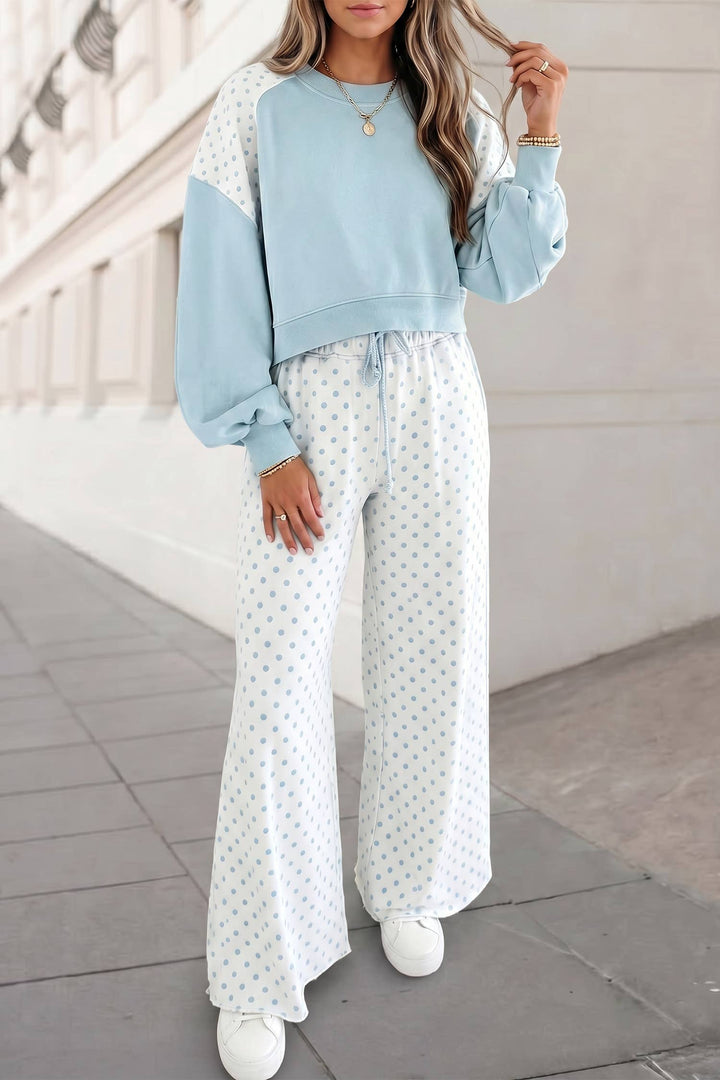 Aapparella - Polka Dot Colorblock Long Sleeve 2pcs Pants Set FW26 | S-XL