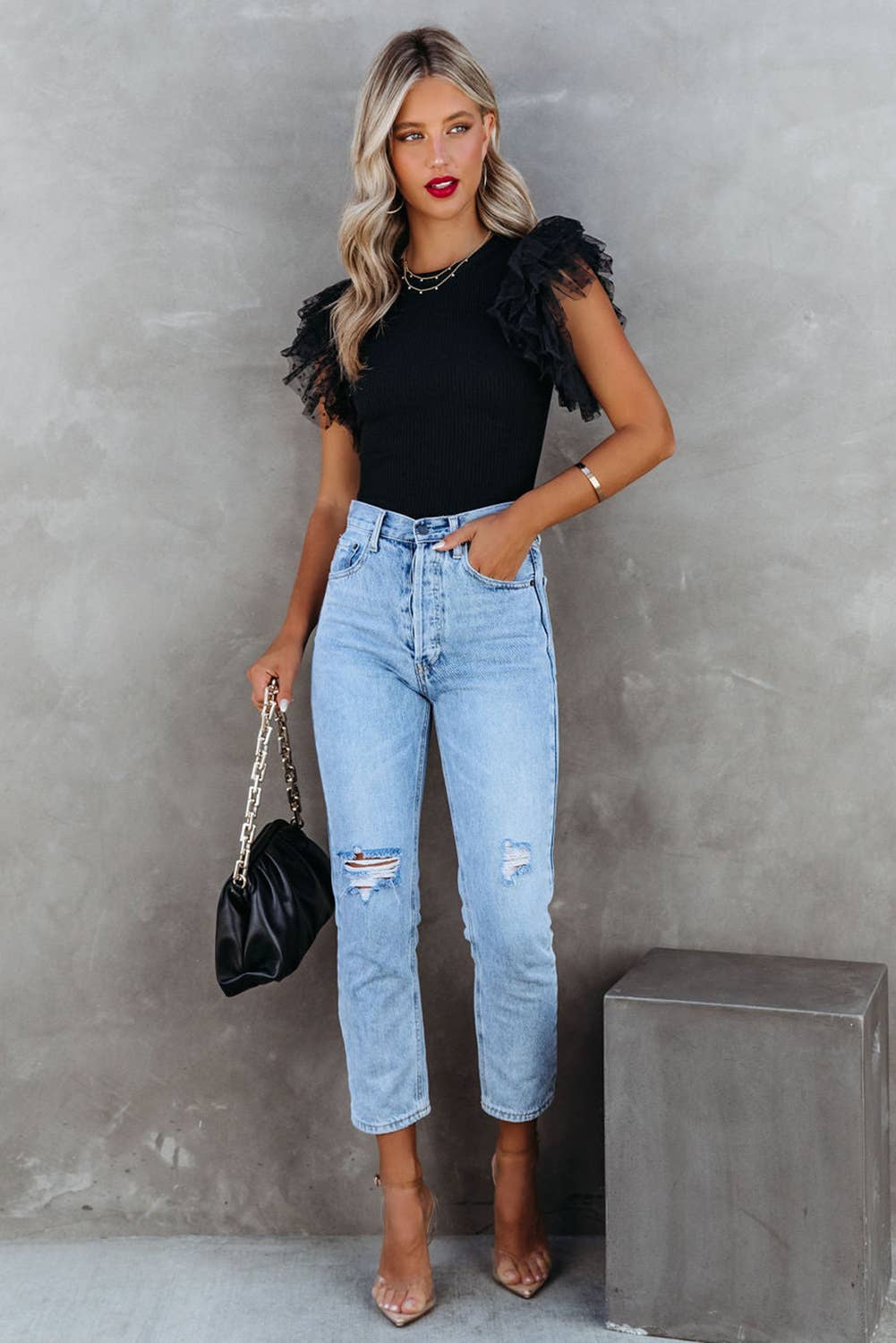 Mesh Ruffle Sleeve Ribbed Knit Top