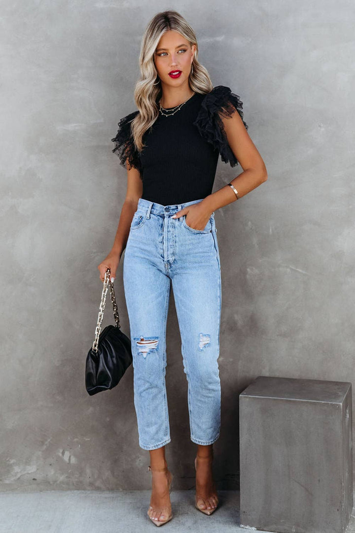 Mesh Ruffle Sleeve Ribbed Knit Top