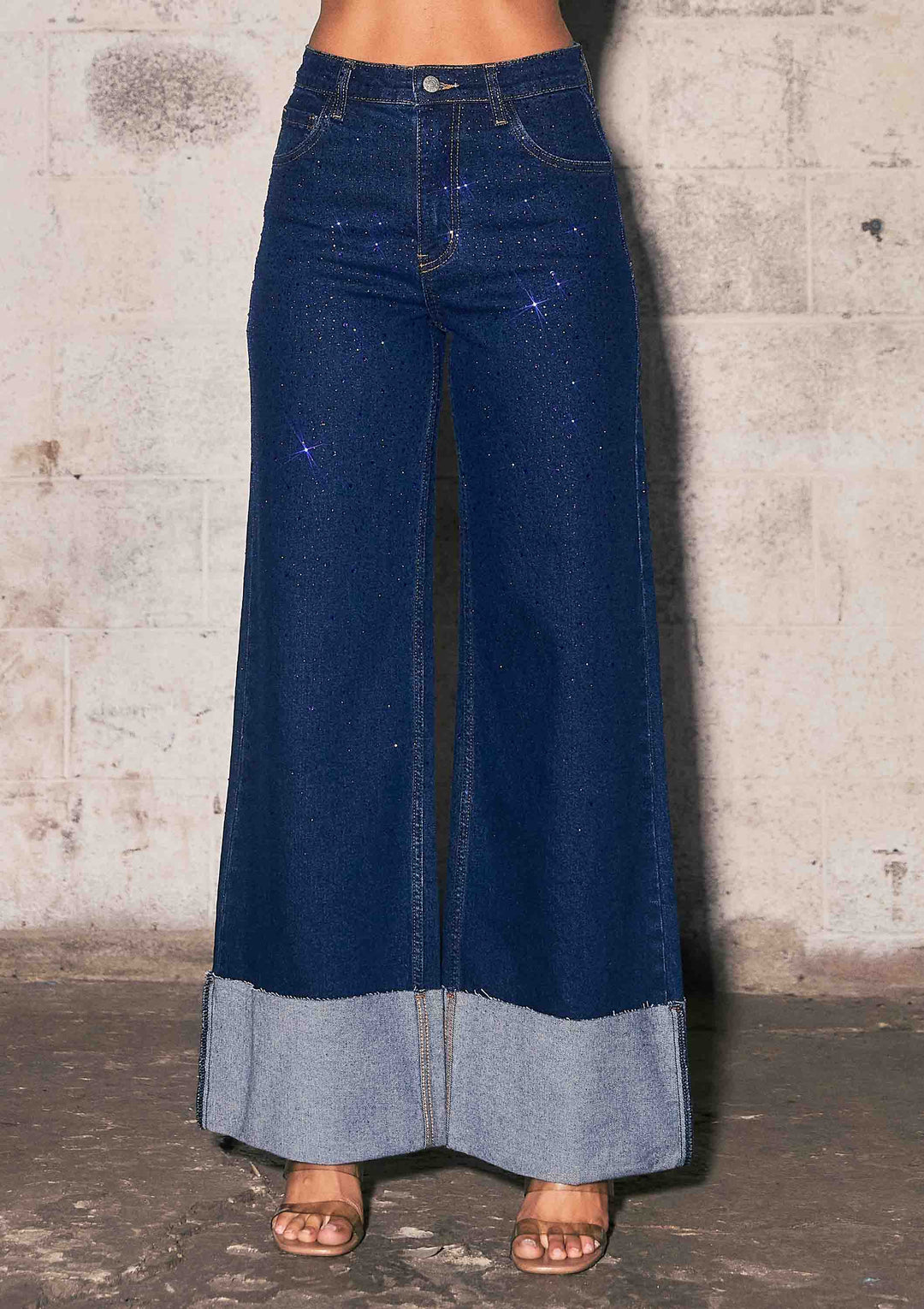 Vibrant M.i.U - Rhinestone High-Rise Cuff Up Wide Leg Jeans