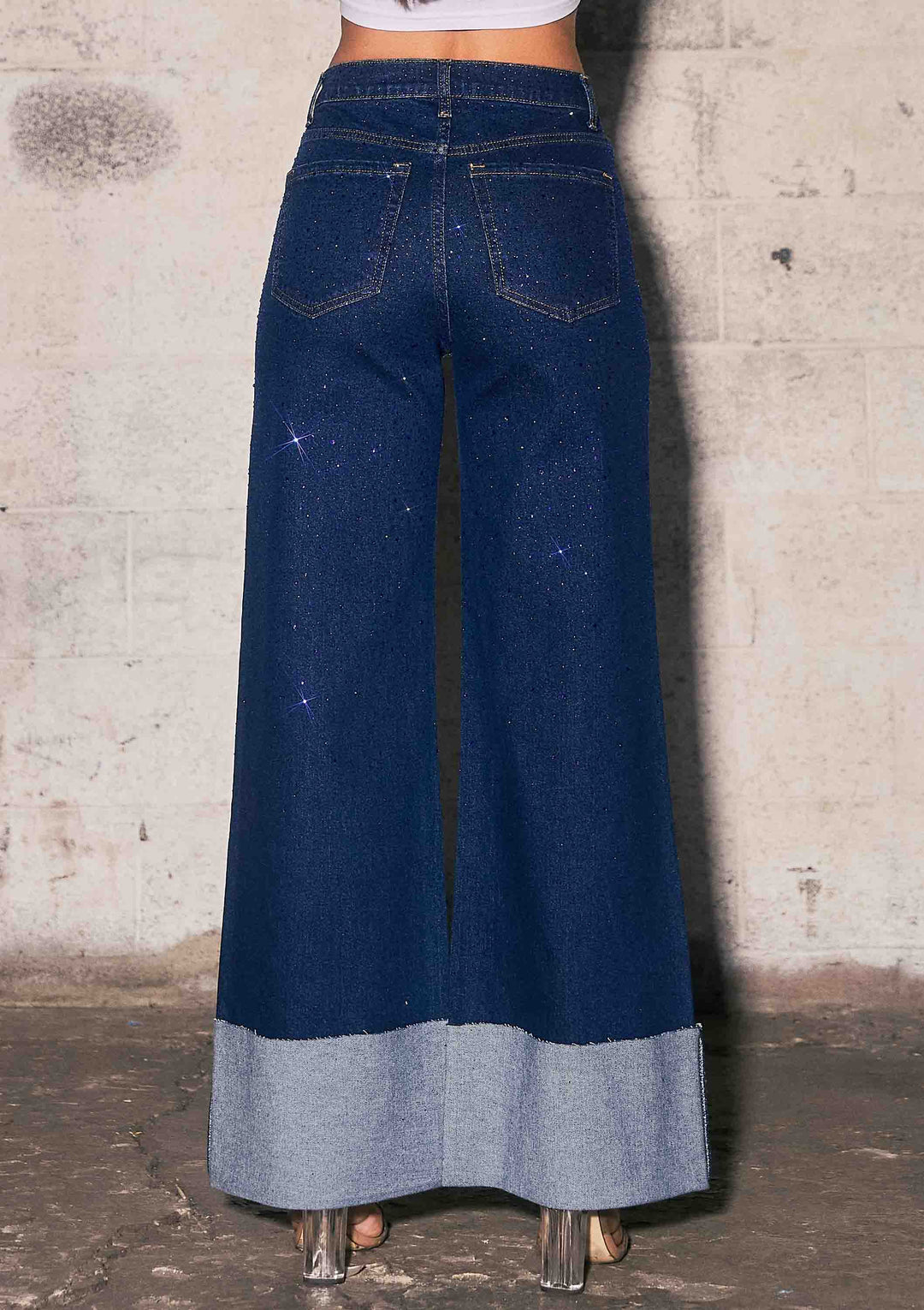 Vibrant M.i.U - Rhinestone High-Rise Cuff Up Wide Leg Jeans
