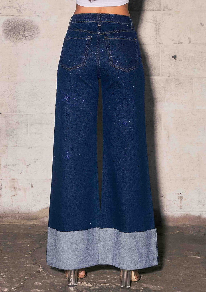 Vibrant M.i.U - Rhinestone High-Rise Cuff Up Wide Leg Jeans