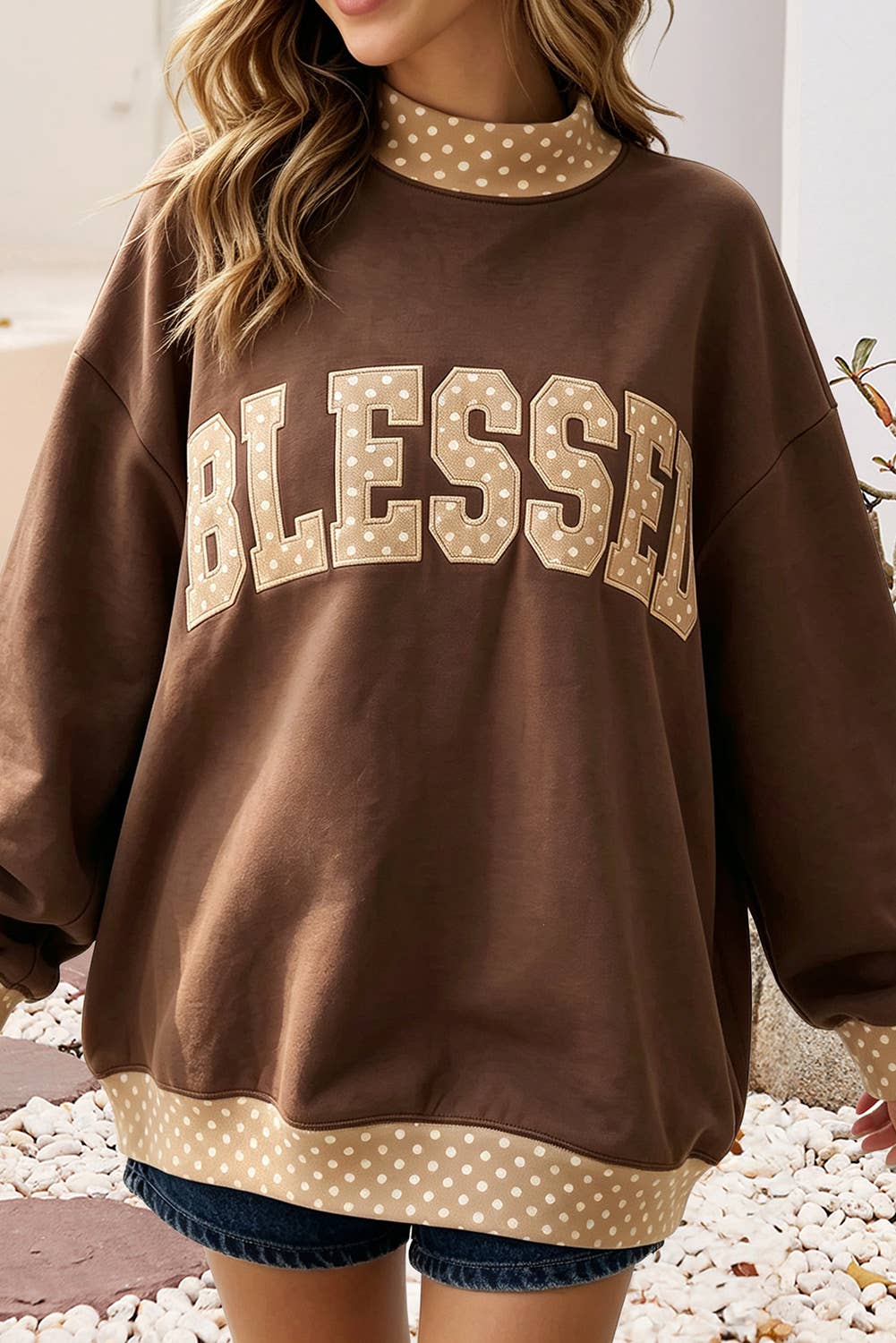 Little Daisy Closet - Blessed Polka Dot Trim Oversized Mock Neck Sweatshirt