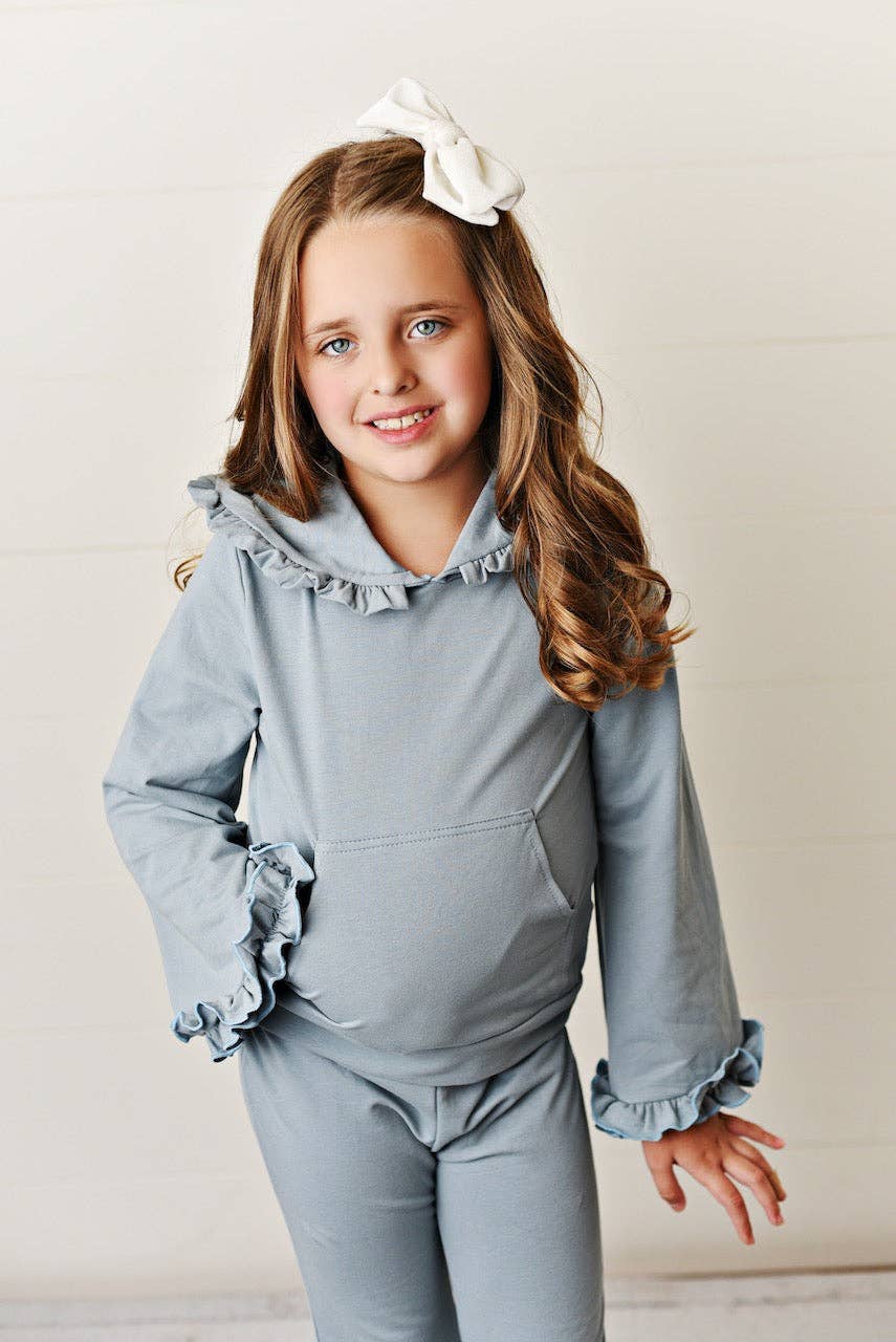 Kids Blue Gray Hooded Ruffle Pocket Fall Winter Lounge Set
