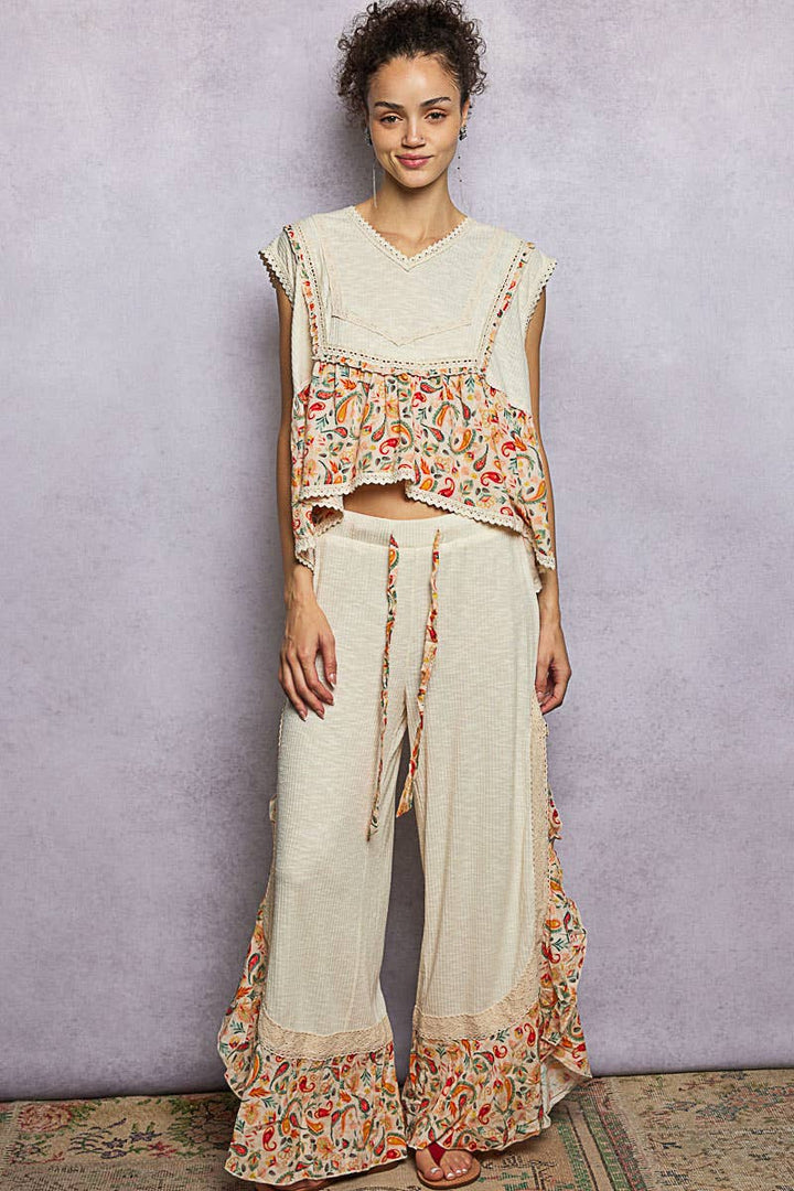 Pol Clothing - Floral Pattern Ruffle Detail Ribbed Knit Pants