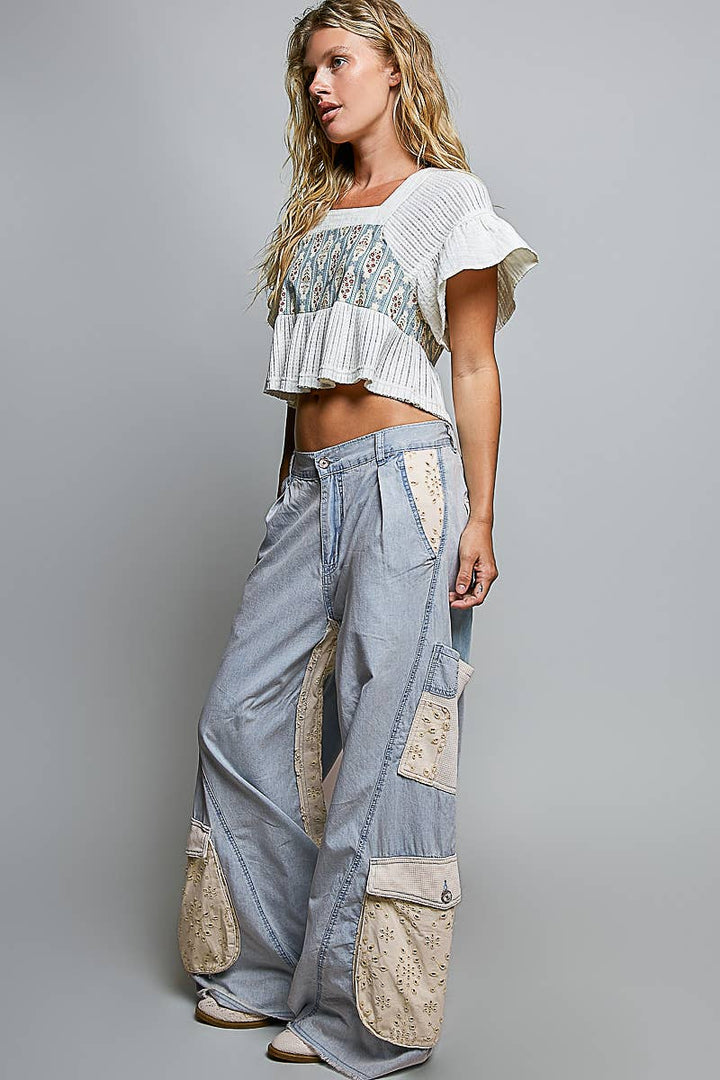 Pol Clothing - Solid Floral Metal Button Vintage Washing Laser Cut Pants