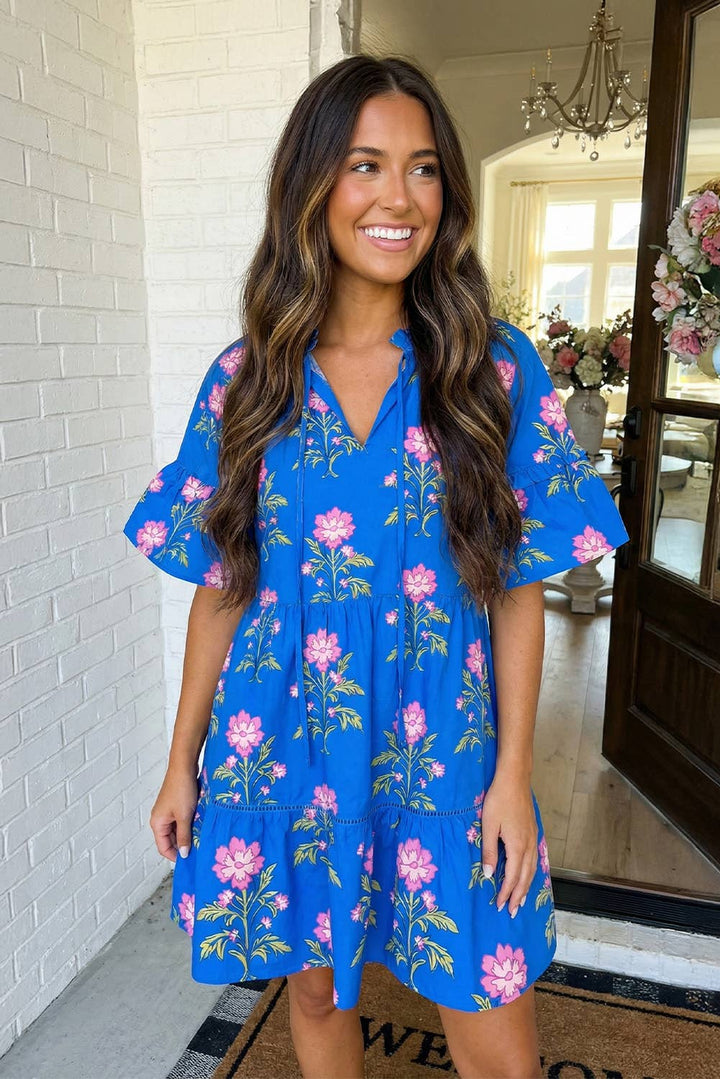 LA Society - LAS V Neck Short Sleeve Loose Flower Dress (S-XL)