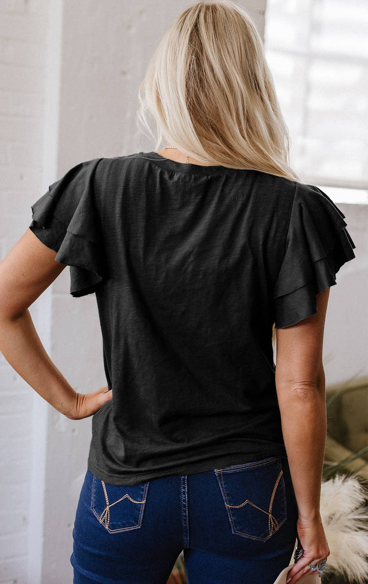 - Dark Grey Ruffle Sleeve Tee Casual Summer Top